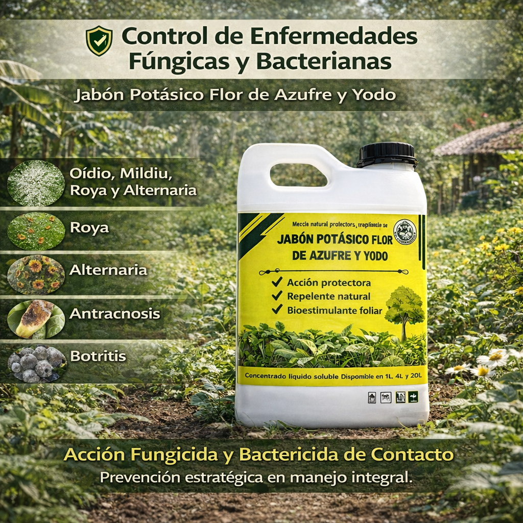 20L Jabón Potásico Flor de Azufre y Yodo – Protección Total Contra Hongos, Ácaros y Plagas