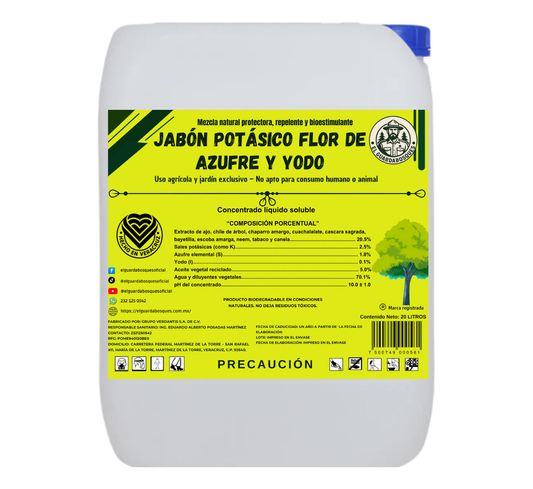 20L Jabón Potásico Flor de Azufre y Yodo – Protección Total Contra Hongos, Ácaros y Plagas