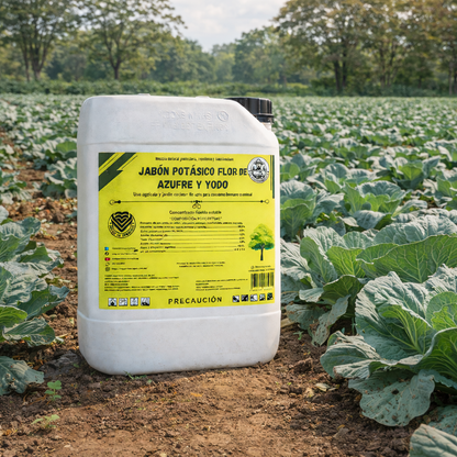 20L Jabón Potásico Flor de Azufre y Yodo – Protección Total Contra Hongos, Ácaros y Plagas