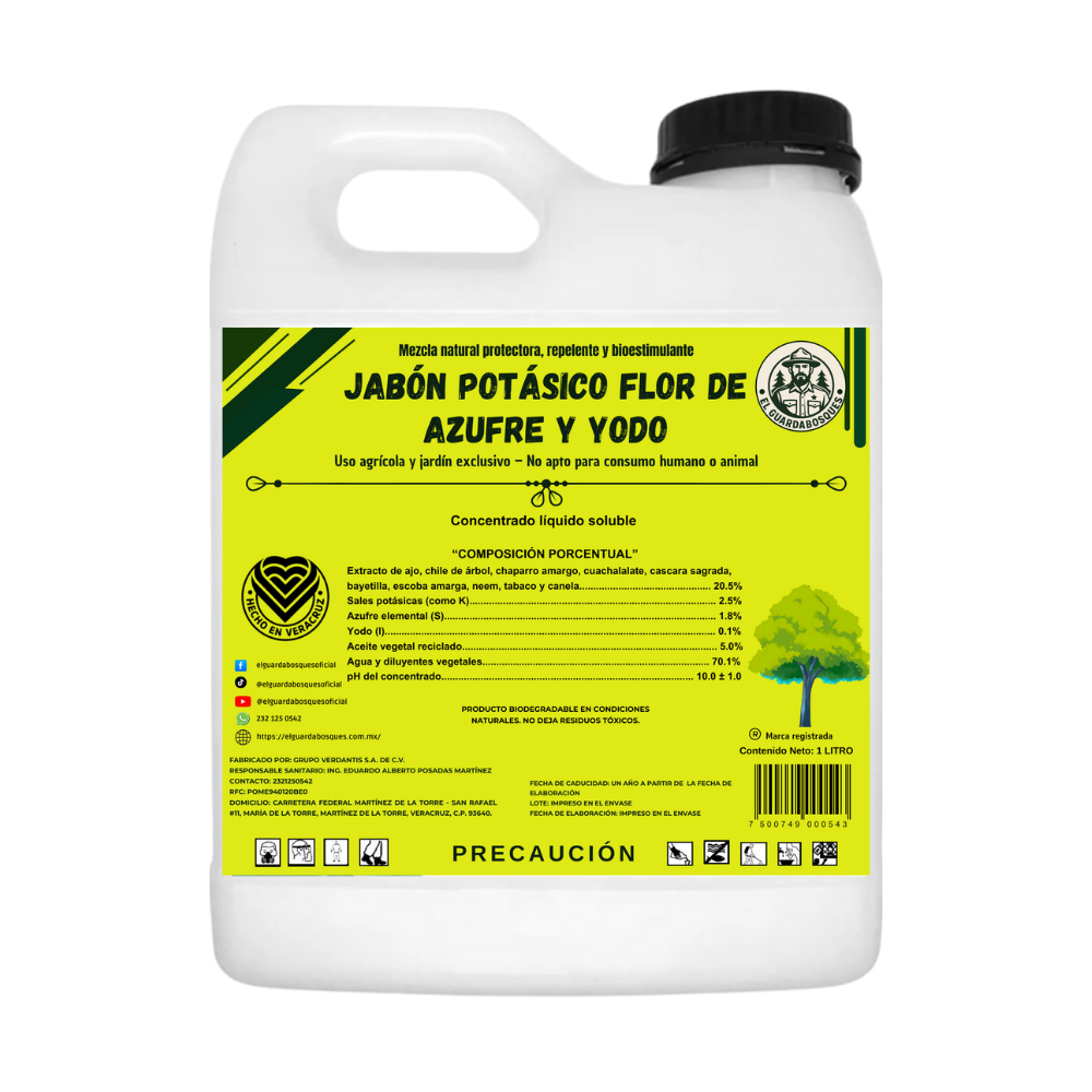 1L Jabón Potásico Flor de Azufre y Yodo – Protección Total Contra Hongos, Ácaros y Plagas