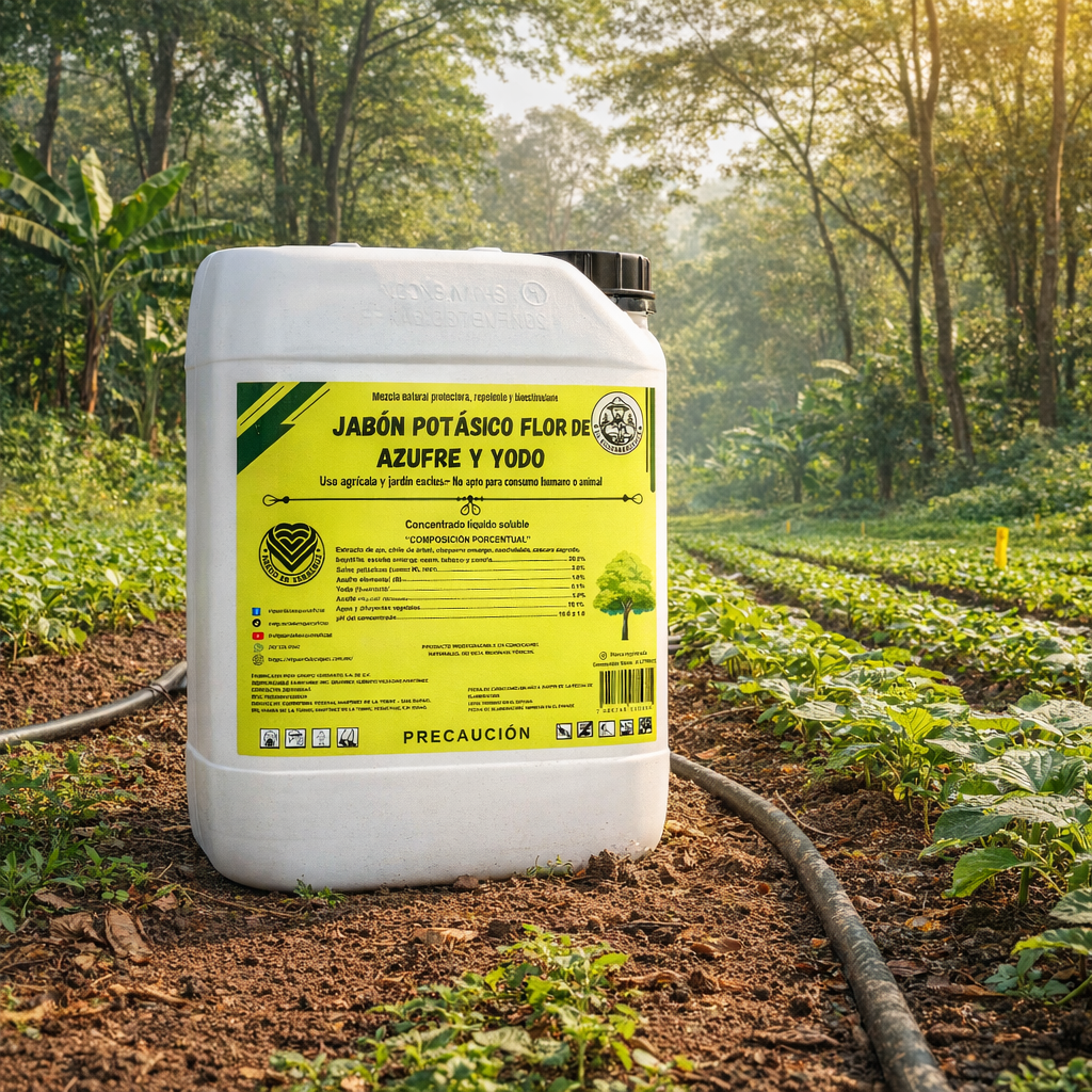4L Jabón Potásico Flor de Azufre y Yodo – Protección Total Contra Hongos, Ácaros y Plagas