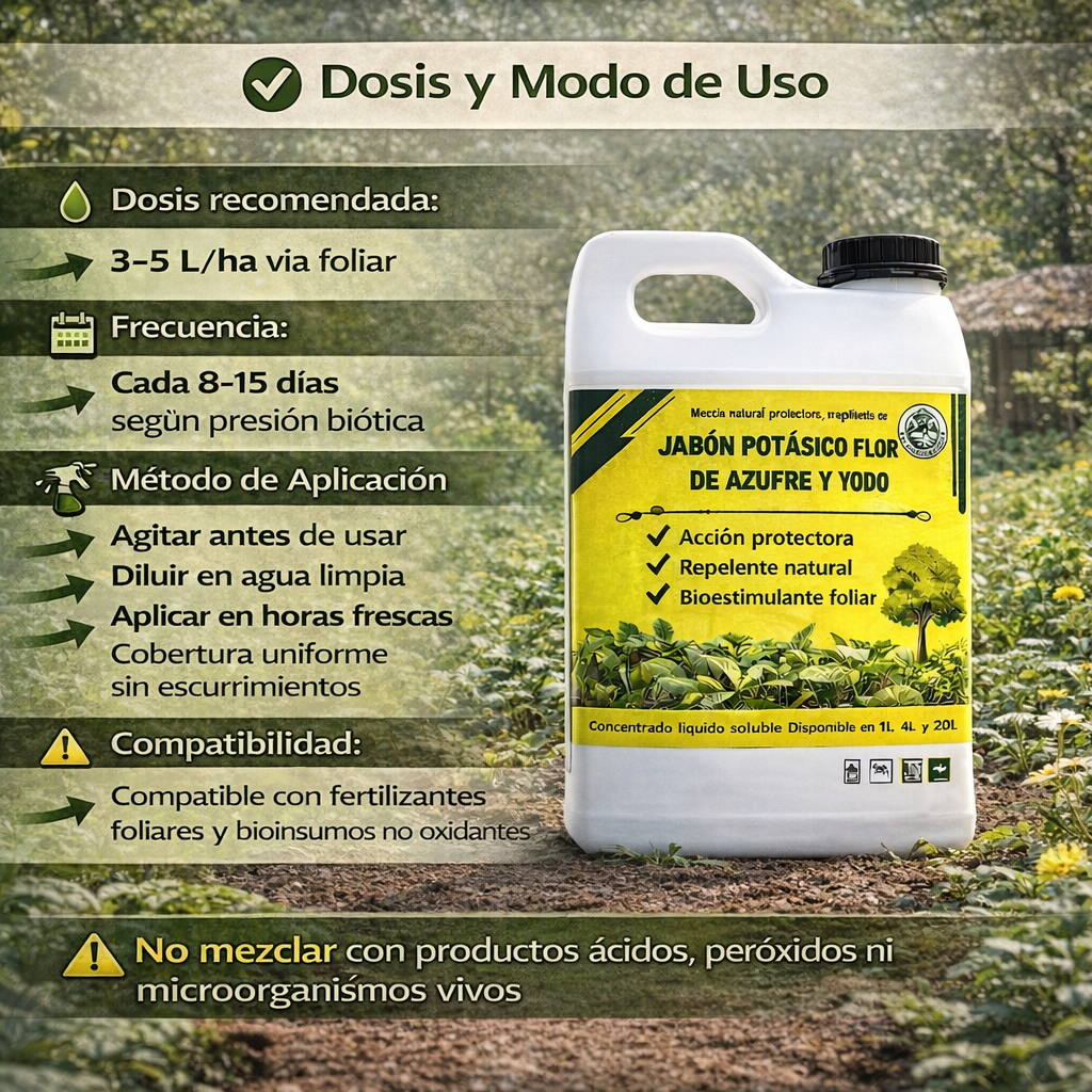 4L Jabón Potásico Flor de Azufre y Yodo – Protección Total Contra Hongos, Ácaros y Plagas