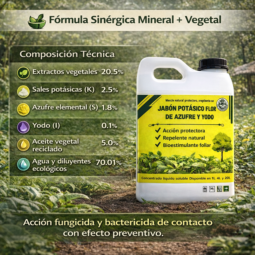 4L Jabón Potásico Flor de Azufre y Yodo – Protección Total Contra Hongos, Ácaros y Plagas