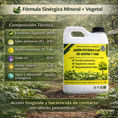 4L Jabón Potásico Flor de Azufre y Yodo – Protección Total Contra Hongos, Ácaros y Plagas