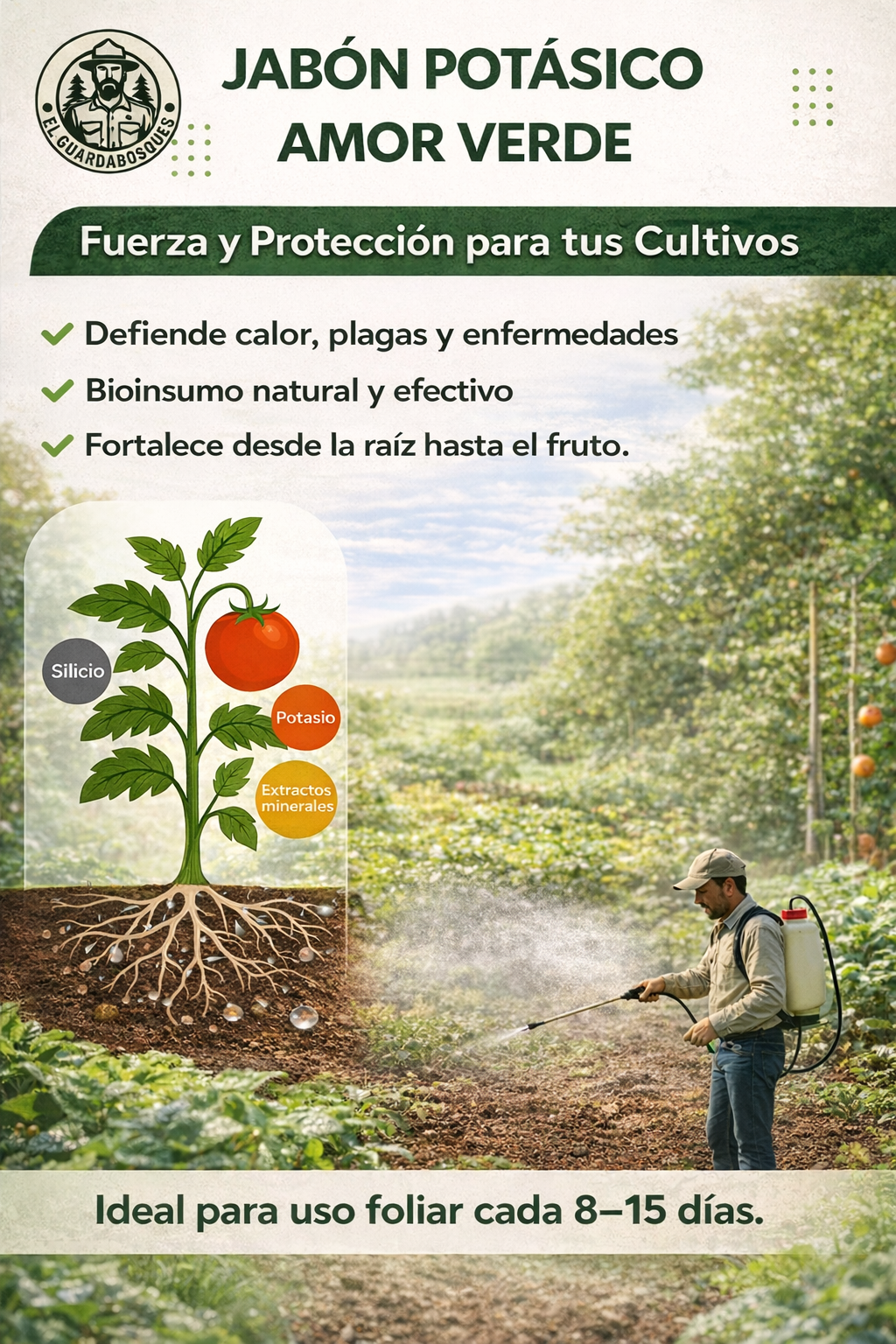 Jabón Potásico Amor Verde – Bioestimulante foliar con potasio, yodo, silicio, titanio y selenio para sanidad y resiliencia de cultivos