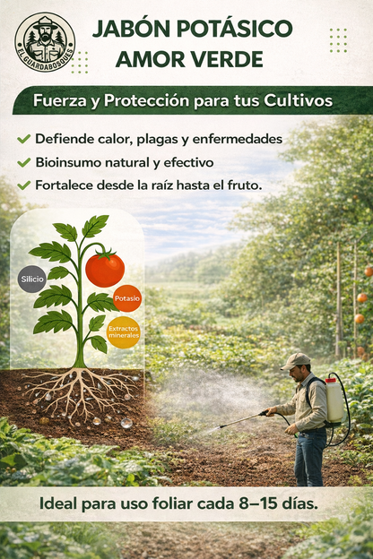 Jabón Potásico Amor Verde – Bioestimulante foliar con potasio, yodo, silicio, titanio y selenio para sanidad y resiliencia de cultivos