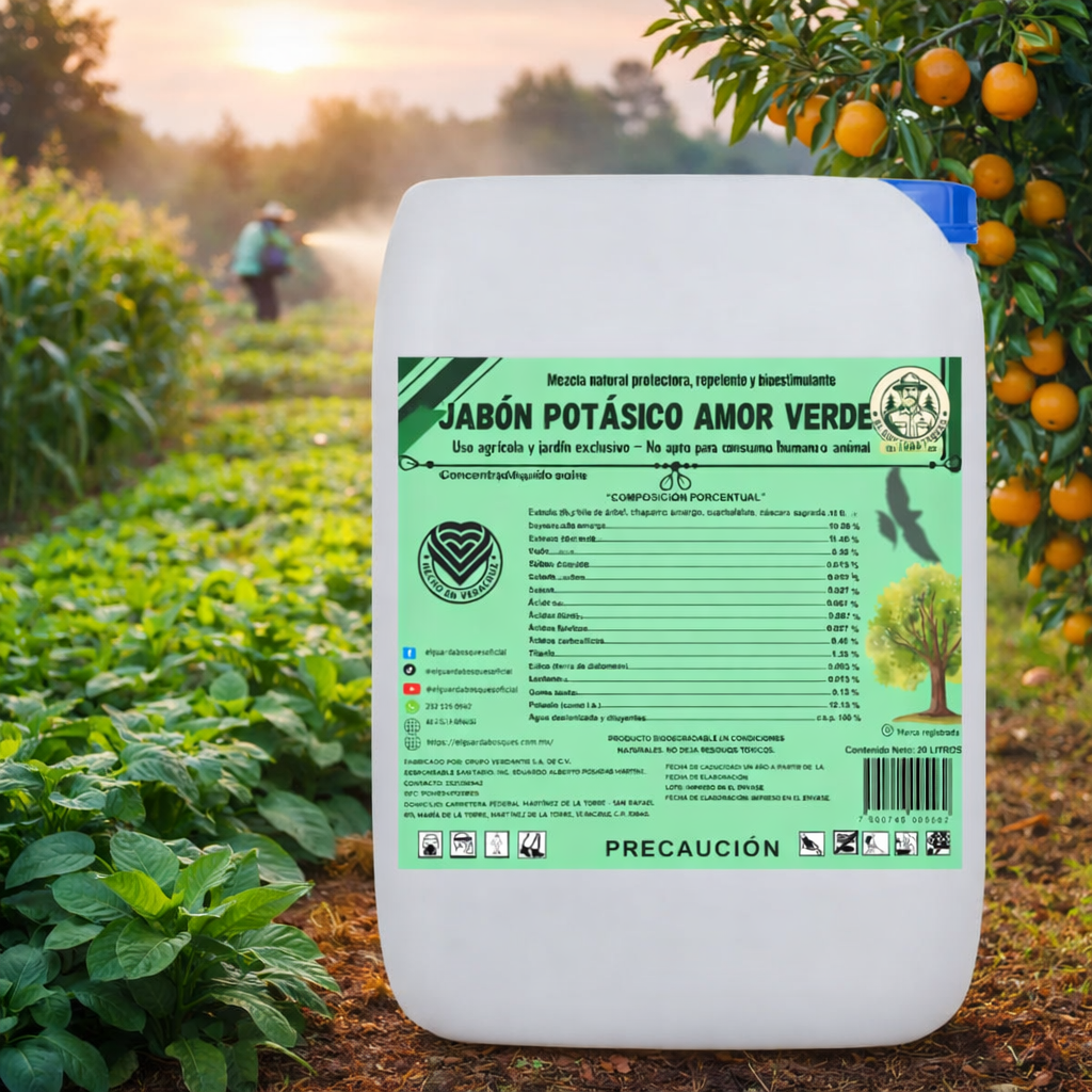 20L Jabón Potásico Amor Verde – Bioestimulante foliar con potasio, yodo, silicio, titanio y selenio para sanidad y resiliencia de cultivos