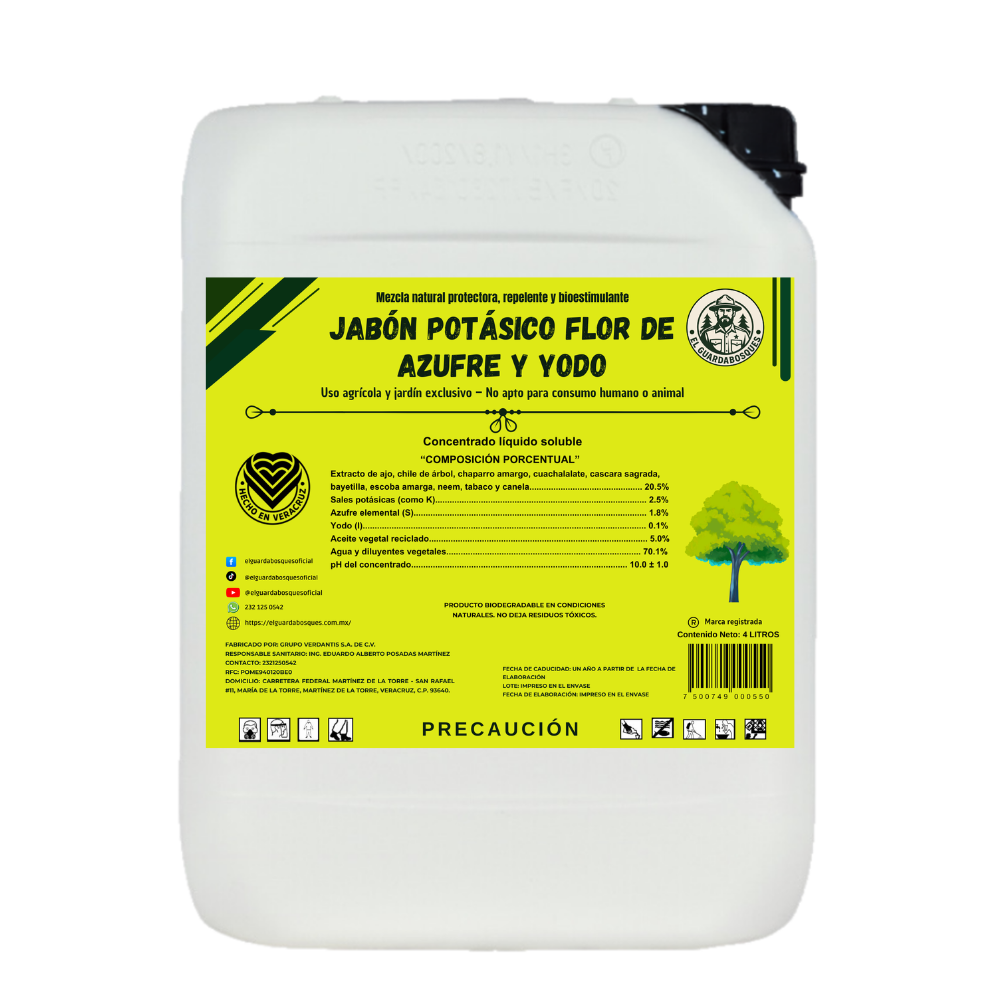 4L Jabón Potásico Flor de Azufre y Yodo – Protección Total Contra Hongos, Ácaros y Plagas