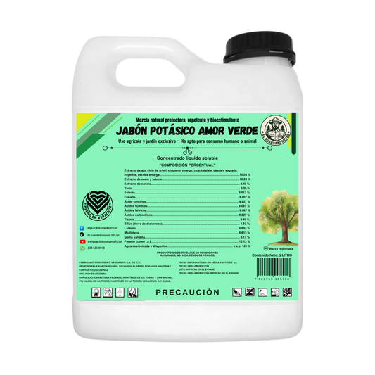 Jabón Potásico Amor Verde – Bioestimulante foliar con potasio, yodo, silicio, titanio y selenio para sanidad y resiliencia de cultivos