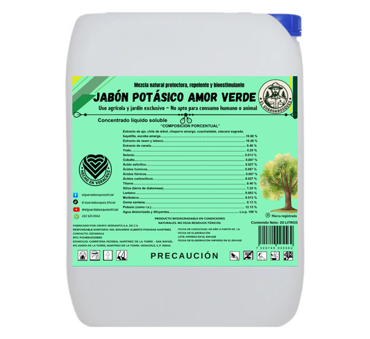20L Jabón Potásico Amor Verde – Bioestimulante foliar con potasio, yodo, silicio, titanio y selenio para sanidad y resiliencia de cultivos